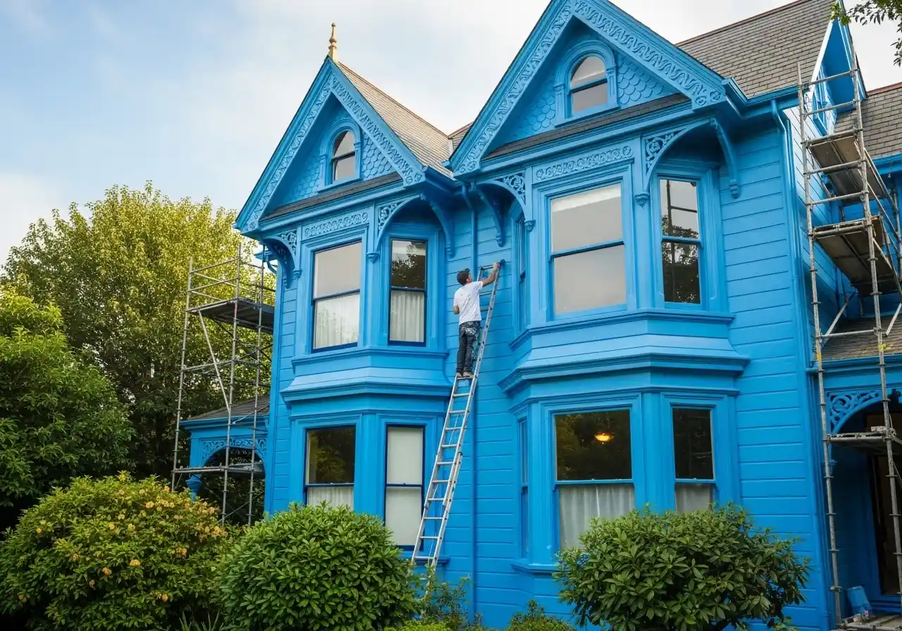 Blue Victorian house being painted