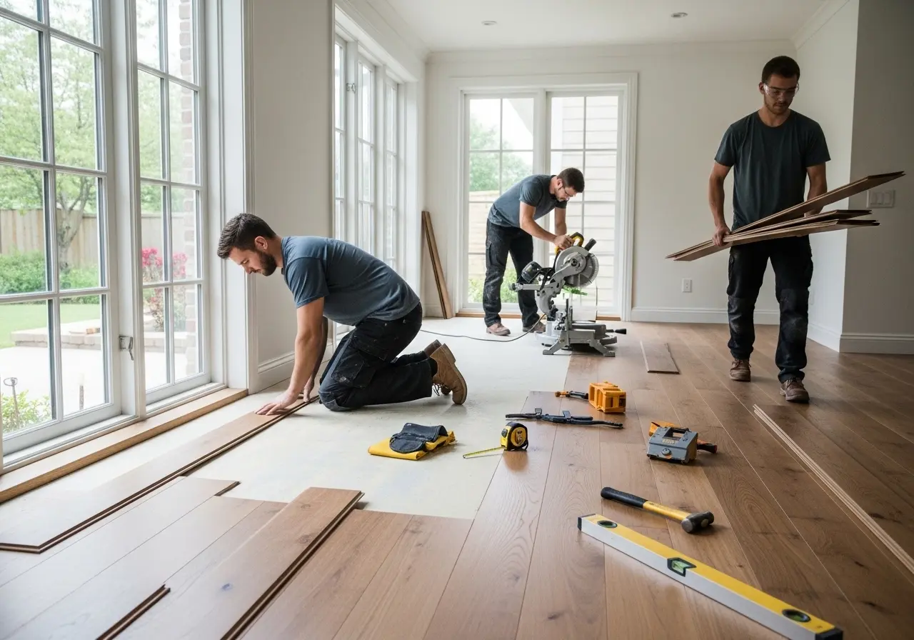 Men installing wooden flooring indoors.