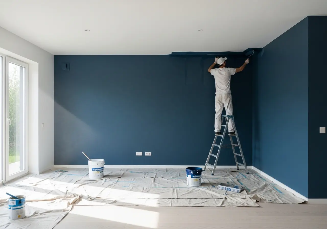 Person painting a dark blue wall