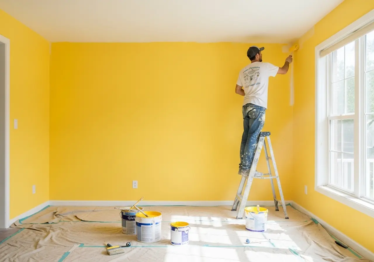 Person painting a bright yellow wall
