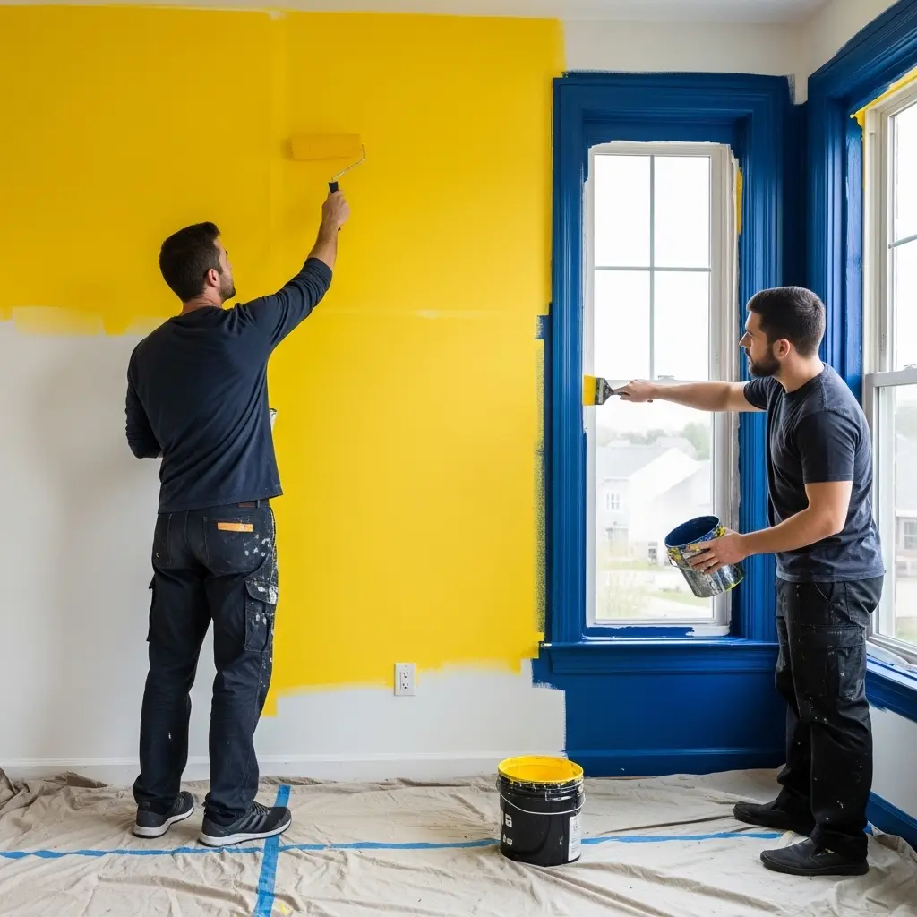 Two men painting a room yellow.