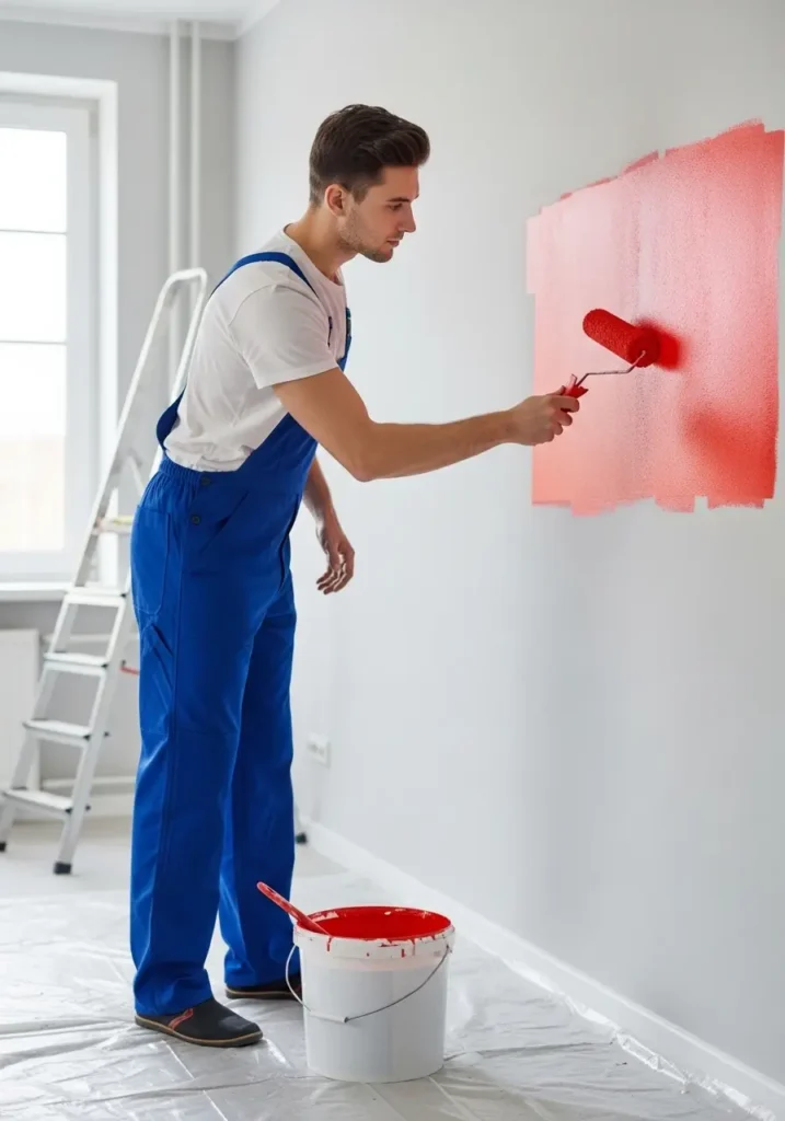 Person painting a wall red.