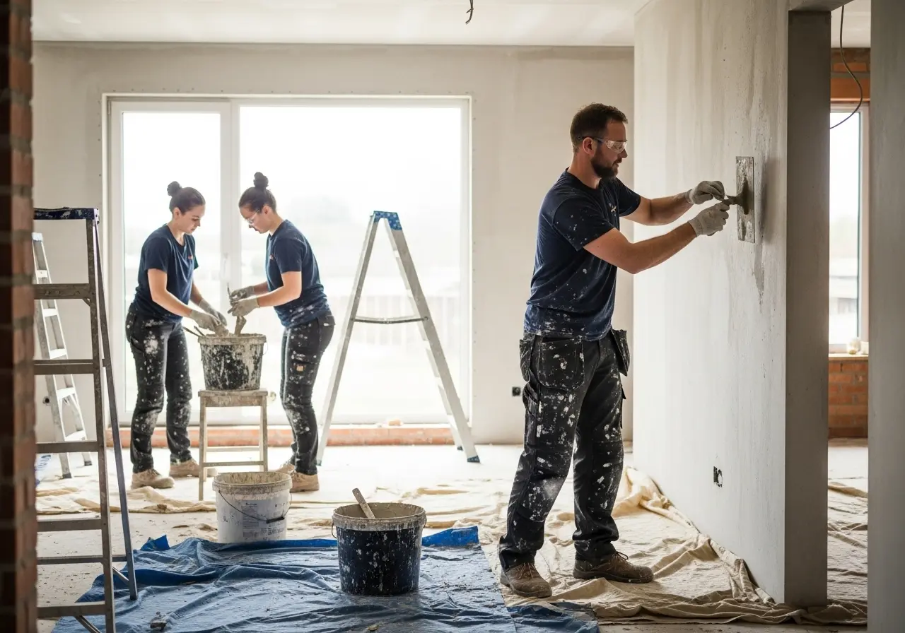 Three workers plastering a room.
