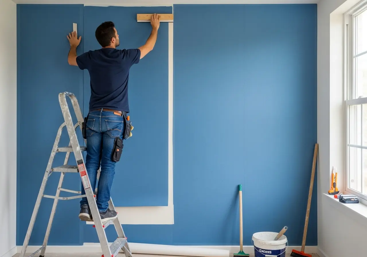 Person installing blue wallpaper indoors.